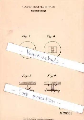 Original Patent - August Heuffel in Wien , 1882 , Manschettenknopf !!!