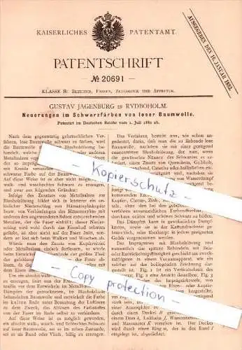 Original Patent - Gustav Jagenburg in Rydboholm , 1882 , Schwarzfärben von Baumwolle !!!