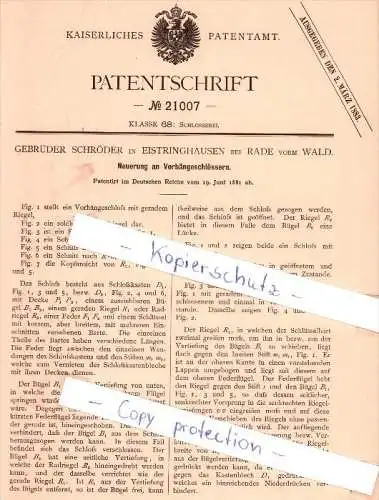 Original Patent - Gebrüder Schröder in Eistringhausen bei Rade vorm Wald , 1881 , Radevormwald , Schlosserei !!!