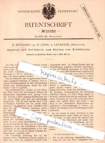 Original Patent - K. Eichhorn und M. Liebig in Letmathe b. Iserlohn , 1882 , Rösten von Zinkblende !!!