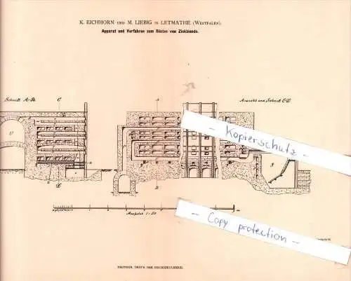 Original Patent - K. Eichhorn und M. Liebig in Letmathe b. Iserlohn , 1882 , Rösten von Zinkblende !!!