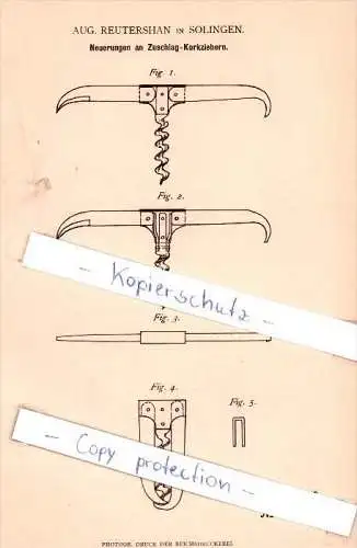 Original Patent - Aug. Reutershan in Solingen , 1882 , Zuschlag-Korkziehern , Korkenzieher !!!