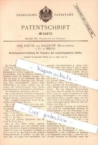 Original Patent - Aug. Roever aus Hagenow , Mecklenburg , z. Zt. in Berlin , 1890 , !!!