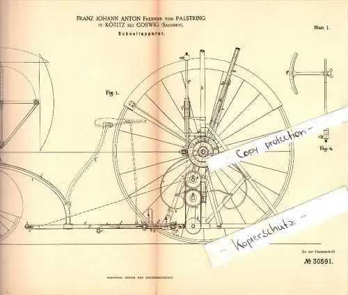 Original Patent - F.J. Anton Freiherr von Palstring in Kötitz b. Coswig ,1883, Apparat für Kutsche , Wagenbau , Pferde !