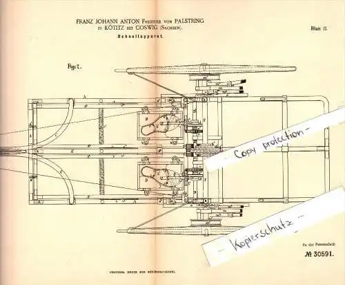 Original Patent - F.J. Anton Freiherr von Palstring in Kötitz b. Coswig ,1883, Apparat für Kutsche , Wagenbau , Pferde !