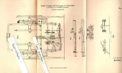 Original Patent - F.J. Anton Freiherr von Palstring in Kötitz b. Coswig ,1883, Apparat für Kutsche , Wagenbau , Pferde !