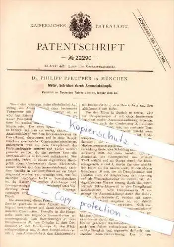 Original Patent - Dr. P. Pfeuffer in München , 1882 , Motor, betrieben durch Ammoniakdämpfe !!!