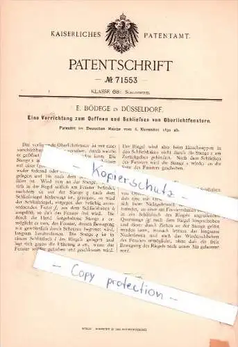 Original Patent - E. Bödege in Düsseldorf , 1892 , Öffnen und Schließen von Oberlichtfenstern !!!