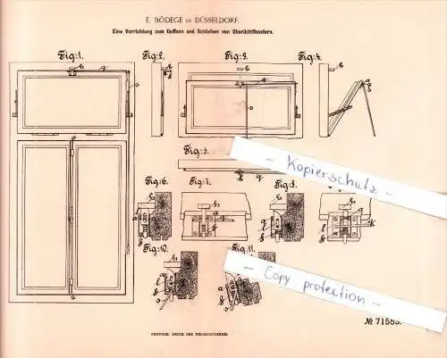 Original Patent - E. Bödege in Düsseldorf , 1892 , Öffnen und Schließen von Oberlichtfenstern !!!