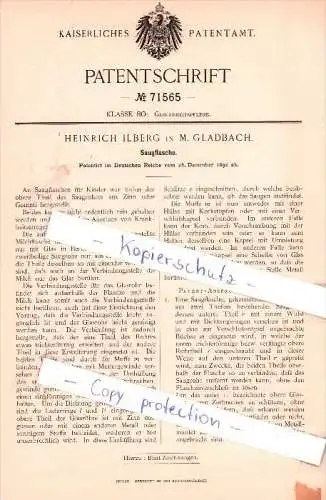 Original Patent - Heinrich Ilberg in M. Gladbach , 1892 , Saugflasche !!!