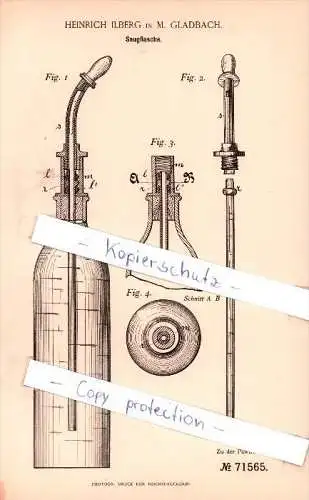 Original Patent - Heinrich Ilberg in M. Gladbach , 1892 , Saugflasche !!!