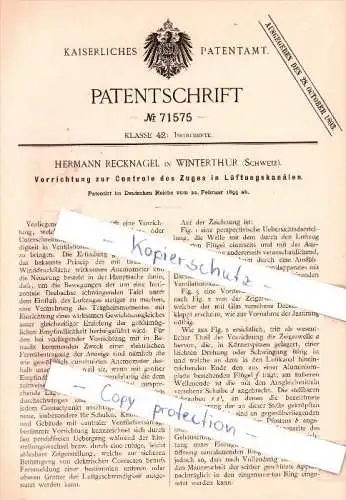 Original Patent - H. Recknagel in Winterthur , Schweiz , 1893 , Controle des Zuges , Instrumente !!!