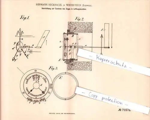 Original Patent - H. Recknagel in Winterthur , Schweiz , 1893 , Controle des Zuges , Instrumente !!!