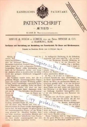 Original Patent - Hintze & Stech in Lübeck und die Firma Mencke & Co. in Harburg , Elbe , 1893 , !!!