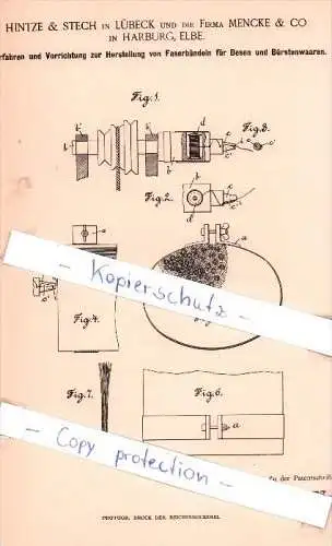 Original Patent - Hintze & Stech in Lübeck und die Firma Mencke & Co. in Harburg , Elbe , 1893 , !!!