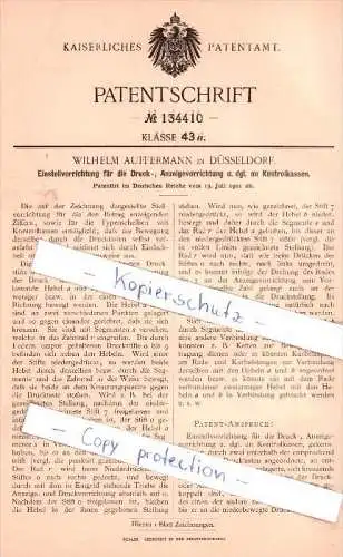 Original Patent - W. Auffermann in Düsseldorf , 1901 , Druck-, Anzeigenvorrichtung an Kontrollkassen !!!