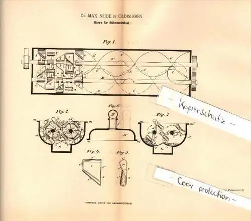 Original Patent - Dr. Max Neide in Oldisleben , 1887 , Darre für Rübenschnitzel , Landwirtschaft !!!