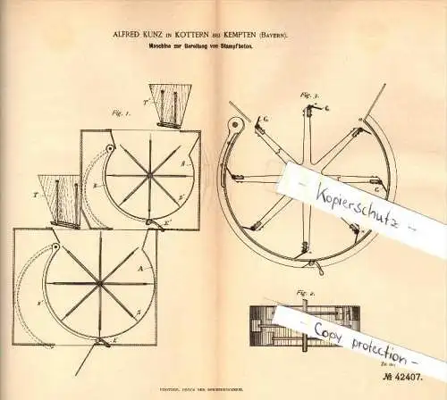 Original Patent - Alfred Kunz in Kottern b. Kempten , 1887 , Maschine für Stampfbeton , Beton , Bau , Maurer !!!