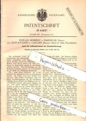 Original Patent -  Léon Soulerin à Garches , Seine et Oise , 1887 , Frein pour ferroviaire , E. Hemberle in Karlsruhe !!