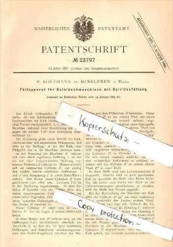 Original Patent - E. Sostmann in Minsleben b. Wernigerode a. Harz , 1883 , Füllaparate für Kalklöschmaschinen !!!