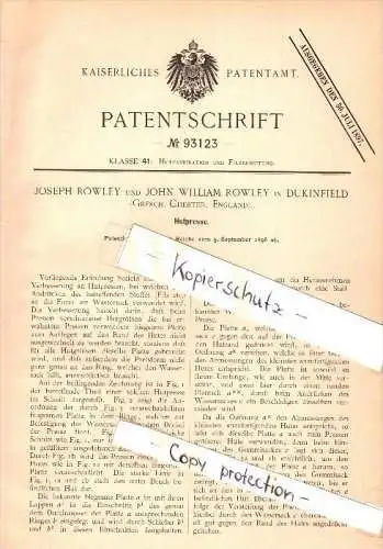 Original Patentschrift - J. Rowley in Dukinfield , Chester , 1896 , Hydraulic Press for hats , hat , felt !!!