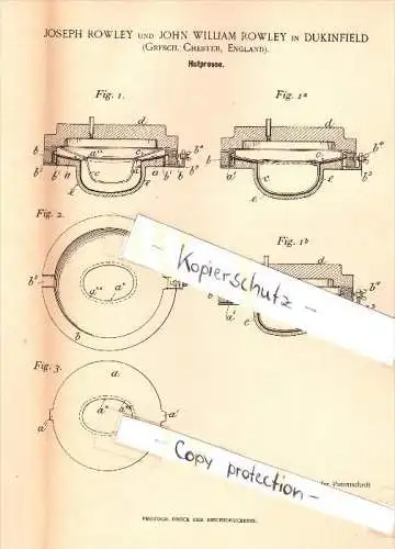 Original Patentschrift - J. Rowley in Dukinfield , Chester , 1896 , Hydraulic Press for hats , hat , felt !!!