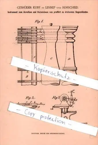 Original Patent  - Gebrüder Kuby in Lennep und Remscheid , 1885 ,  Vorzeichnen von Gegenständen !!!