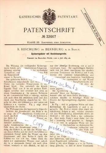 Original Patent  - R. Reichling in Bernburg a. d. Saale  , 1884 , Speiseregulator mit Ausehnungsrohr !!!