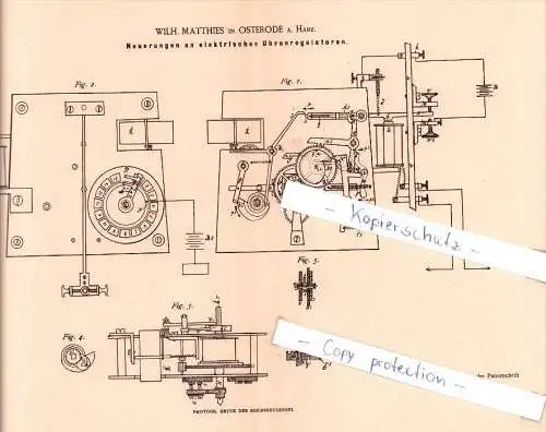 Original Patent  - Wilh. Matthies in Osterode a. Harz  , 1884 , elektrische Uhrenregulatoren  , Uhrmacher , Uhr !!!