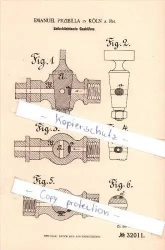 Original Patent  - Emanuel Przibilla in Köln a. Rh. , 1884 , Selbstdichtende Gashähne !!!