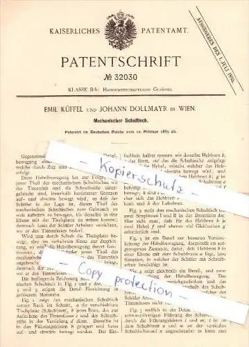 Original Patent  -  Emil Küffel und Johann Dollmayr in Wien , 1885 , Mechanischer Schultisch , Schule !!!