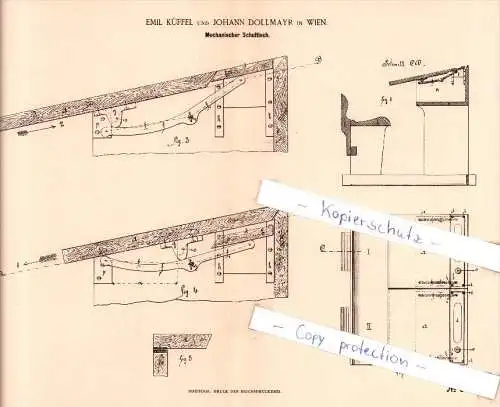 Original Patent  -  Emil Küffel und Johann Dollmayr in Wien , 1885 , Mechanischer Schultisch , Schule !!!