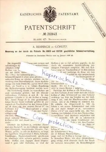 Original Patent  - A. Behnisch in Görlitz , 1886 , Neuerung an Schmiervorrichtung !!!