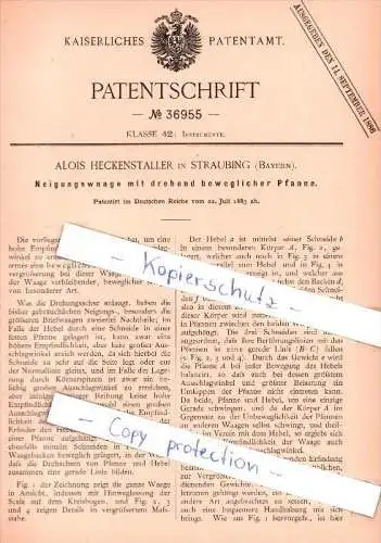 Original Patent  - Alois Heckenstaller in Straubing , Bayern , 1885 , Neigungswaage mit Pfanne !!!