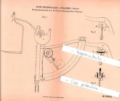 Original Patent  - Alois Heckenstaller in Straubing , Bayern , 1885 , Neigungswaage mit Pfanne !!!