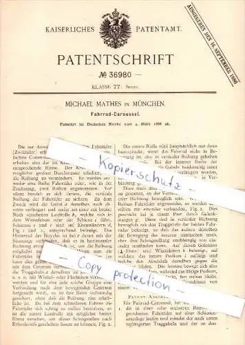 Original Patent  - Michael Mathes in München , 1886 , Fahrrad - Caroussel , Karussell , Jahrmarkt !!!