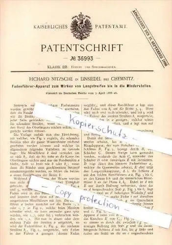 Original Patent  - Richard Nitzsche in Einsiedel bei Chemnitz , 1886 , Fadenführerapparat !!!