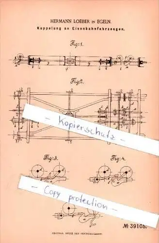 Original Patent  - Hermann Loeber in Egeln , 1886 , Kupplung für Eisenbahn !!!