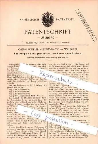 Original Patent  - J. Winkler in Kiesenbach bei Waldhut , 1886 , Schlagmaschinen zum Formen von Steinen !!!