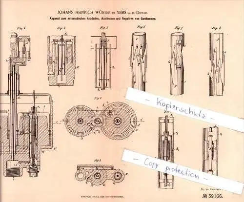 Original Patent  - J. H. Wüster in Ybbs a. d. Donau , 1886 , Apparat zum Anzünden von Gasflammen !!!