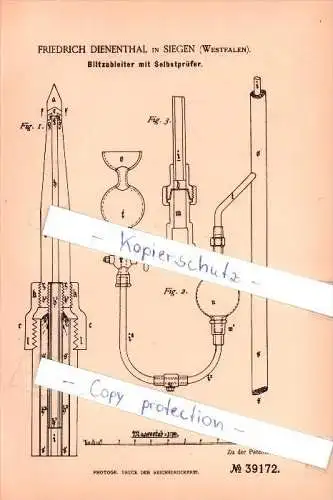 Original Patent  - Friedrich Dienenthal in Siegen , Westfalen , 1885 , Blitzableiter mit Selbstprüfer , Bau , Elektriker