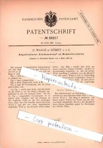 Original Patent - C. Waage in Dömitz a. d. E. , 1886 , Uhren , Uhrmacher , Uhr !!!