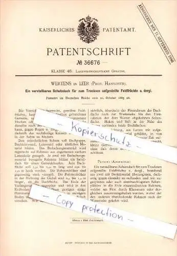 Original Patent - Wertens in Leer , Prov. Hannover , 1885 ,  verstellbares Schutzdach für Feldfrüchte !!!