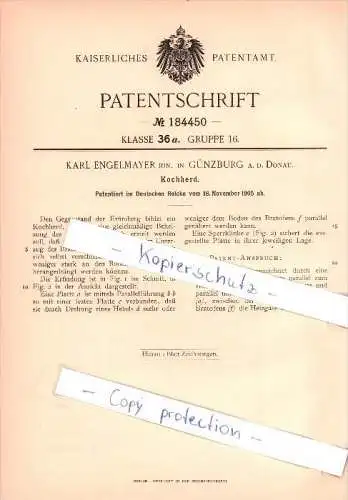 Original Patent - Karl Engelmayer in Günzburg a. d. Donau , 1905 , Kochherd , Koch , küche , Herd !!!