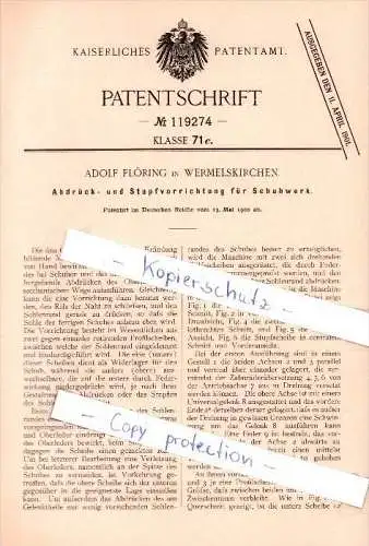 Original Patent - Adolf Flöring in Wermelskirchen , 1900 , Abdrück- und Stupfvorrichtung für Schuhwerk !!!