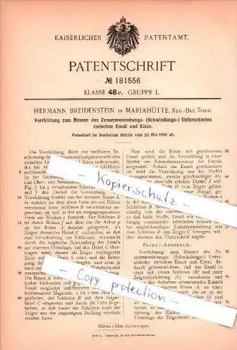 Original Patent - Hermann Breidenstein in Mariahütte , Reg.-Bez. Trier , 1906 ,  Email und Eisen !!!