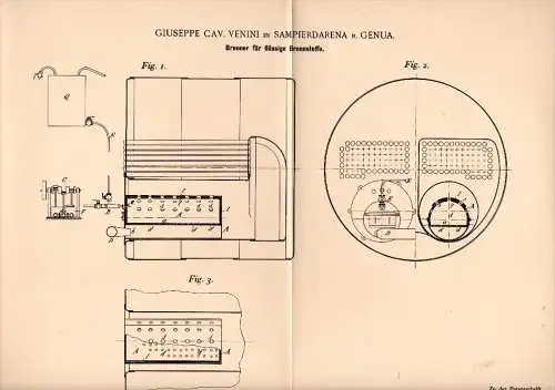 Original Patent - G. Cav. Venini in Sampierdarena b. Genua , 1895 , Bruciatore per combustibili liquidi !!!