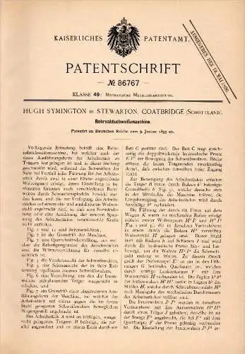 Original Patent -  Hugh Symington in Stewarton , Coatbridge , 1895 , Pipe seam welding machine , Scotland !!!