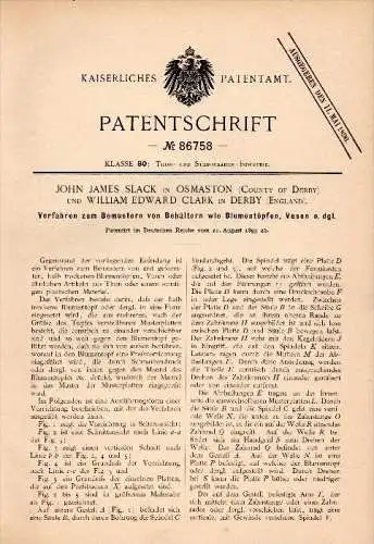 Original Patent - J.J. Slack in Osmaston and W. Clark in Derby , 1895 , Patterning of vases and flower pots !!!