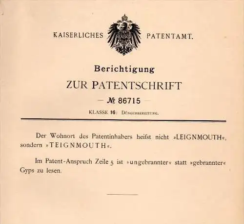 Original Patent - Ch. H. Thompson in Eastcliff , Teignmouth , 1894 , Production of plant fertilizer !!